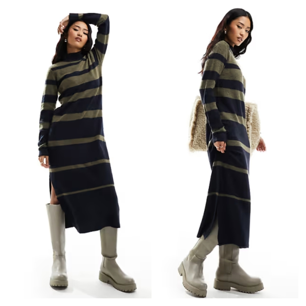 Pieces Soft Knit Striped Midi Sweater Dress Size XS
